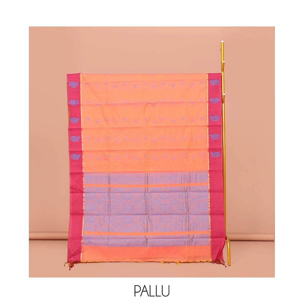 Pothys Orange Kanchi Cotton Saree, Woven with Buttas All Over Its Body, Complemented by Contrast Border, Delicately Woven Pallu, and Paired with Matching Blouse