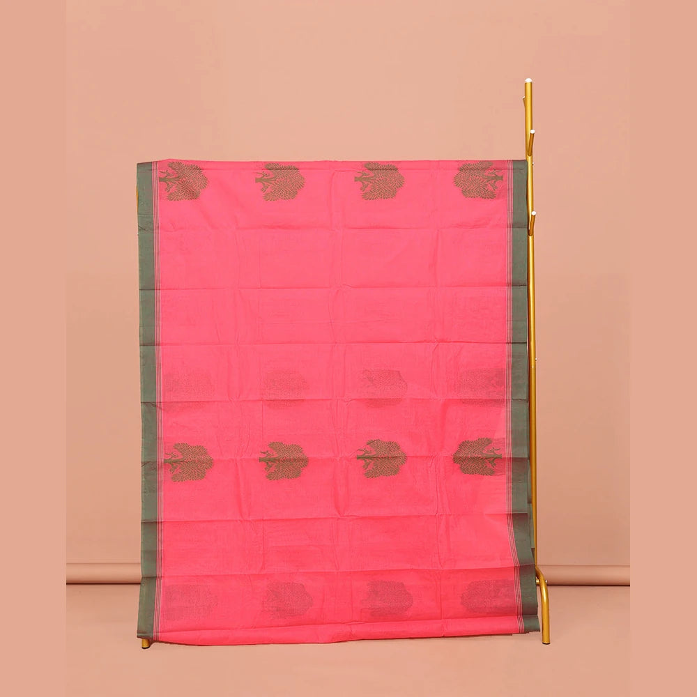 Pothys Red Kanchi Cotton Saree, Decked Up with Tree Motifs All Over Its Body, Complemented by Contrast Border, Pallu of Stripes and Flower-vase Motifs , and Paired with a Matching Blouse