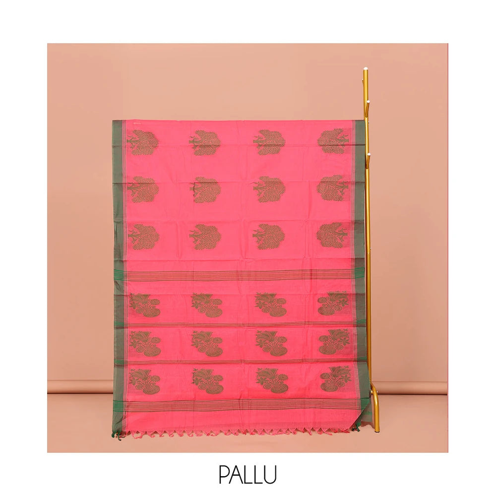 Pothys Red Kanchi Cotton Saree, Decked Up with Tree Motifs All Over Its Body, Complemented by Contrast Border, Pallu of Stripes and Flower-vase Motifs , and Paired with a Matching Blouse