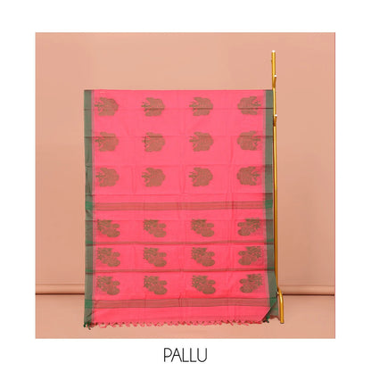 Pothys Red Kanchi Cotton Saree, Decked Up with Tree Motifs All Over Its Body, Complemented by Contrast Border, Pallu of Stripes and Flower-vase Motifs , and Paired with a Matching Blouse