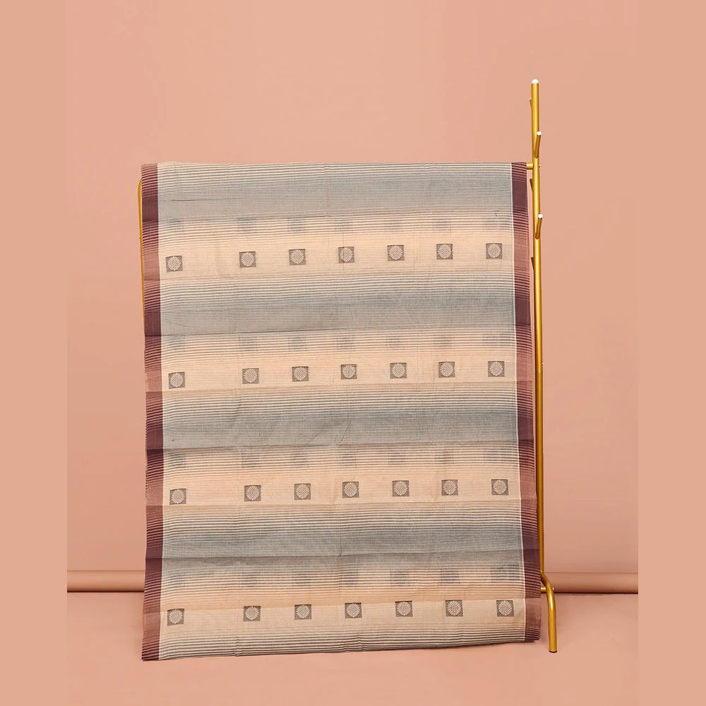 Pothys Sandal Kanchi Cotton Saree, Subtly Elevated with Buttas and Stripes All Over Its Body, Complemented by Contrast Border, Pallu of Jaal Designs, and Paired with a Matching Blouse