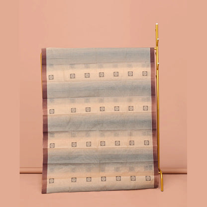 Pothys Sandal Kanchi Cotton Saree, Subtly Elevated with Buttas and Stripes All Over Its Body, Complemented by Contrast Border, Pallu of Jaal Designs, and Paired with a Matching Blouse