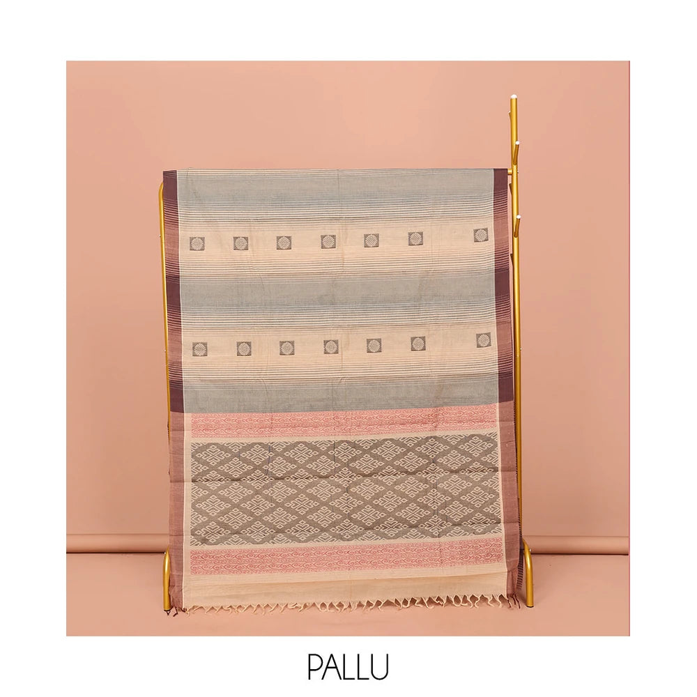Pothys Sandal Kanchi Cotton Saree, Subtly Elevated with Buttas and Stripes All Over Its Body, Complemented by Contrast Border, Pallu of Jaal Designs, and Paired with a Matching Blouse