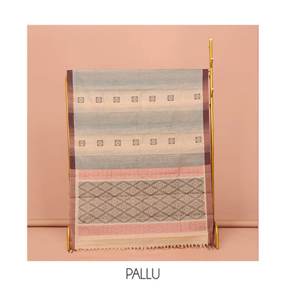 Pothys Sandal Kanchi Cotton Saree, Subtly Elevated with Buttas and Stripes All Over Its Body, Complemented by Contrast Border, Pallu of Jaal Designs, and Paired with a Matching Blouse