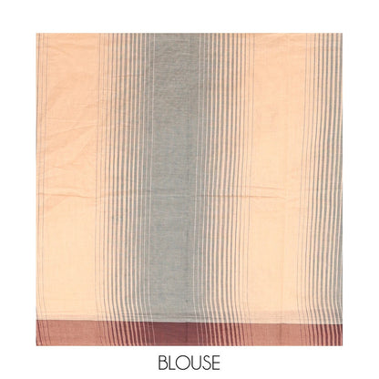 Pothys Sandal Kanchi Cotton Saree, Subtly Elevated with Buttas and Stripes All Over Its Body, Complemented by Contrast Border, Pallu of Jaal Designs, and Paired with a Matching Blouse