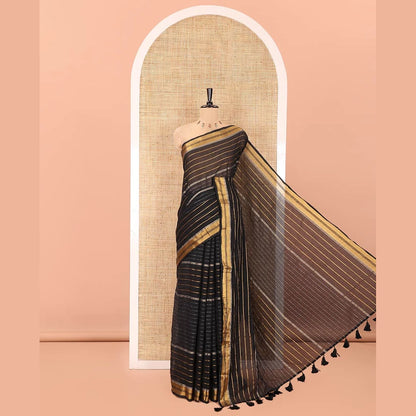 Pothys Black Khadi Mul Cotton Saree, Woven with Horizontal Stripes On Its Body, Subtle Zari Border, Stripes Pallu, and Paired with a Matching Blouse