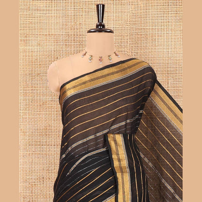 Pothys Black Khadi Mul Cotton Saree, Woven with Horizontal Stripes On Its Body, Subtle Zari Border, Stripes Pallu, and Paired with a Matching Blouse