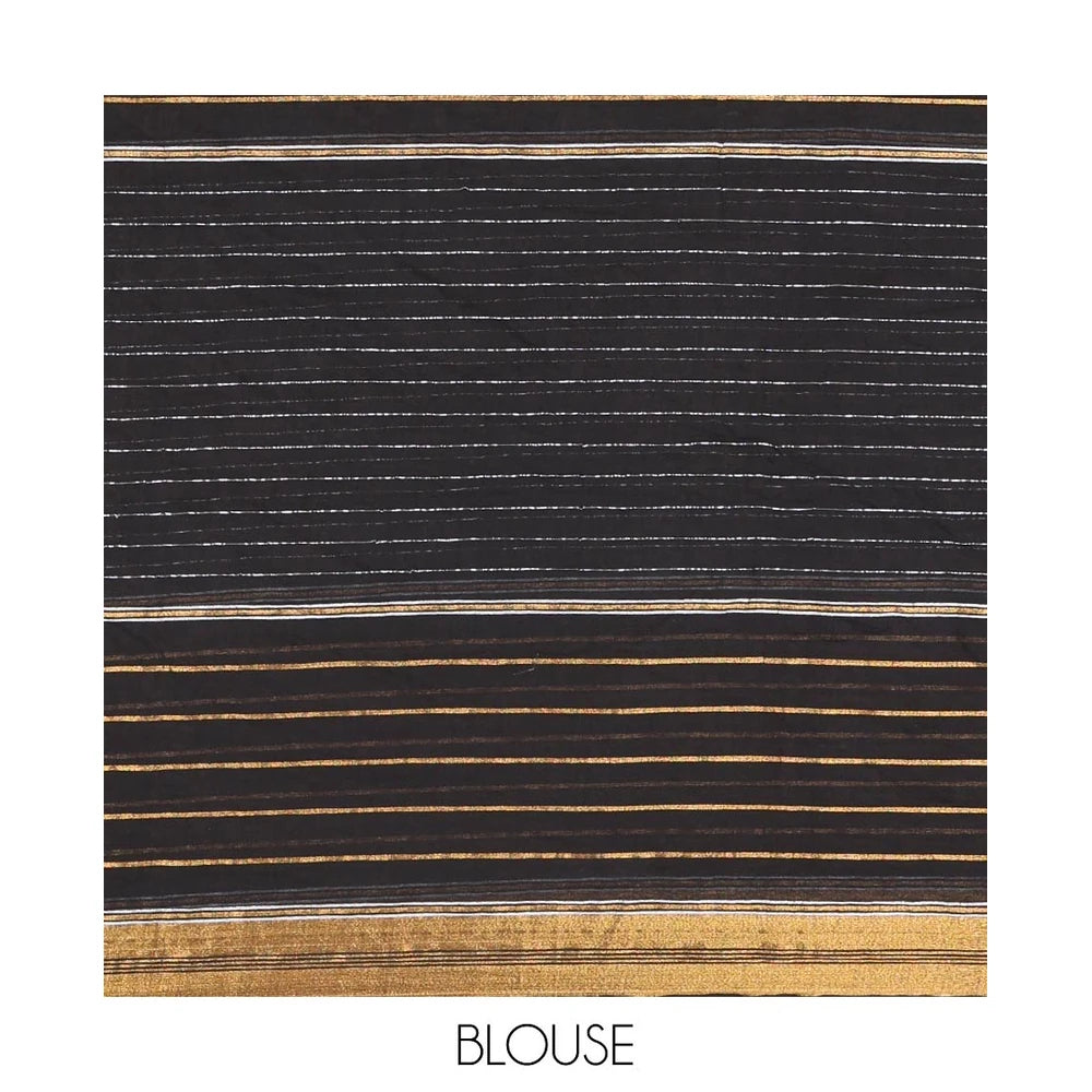 Pothys Black Khadi Mul Cotton Saree, Woven with Horizontal Stripes On Its Body, Subtle Zari Border, Stripes Pallu, and Paired with a Matching Blouse