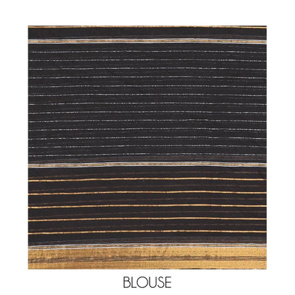 Pothys Black Khadi Mul Cotton Saree, Woven with Horizontal Stripes On Its Body, Subtle Zari Border, Stripes Pallu, and Paired with a Matching Blouse