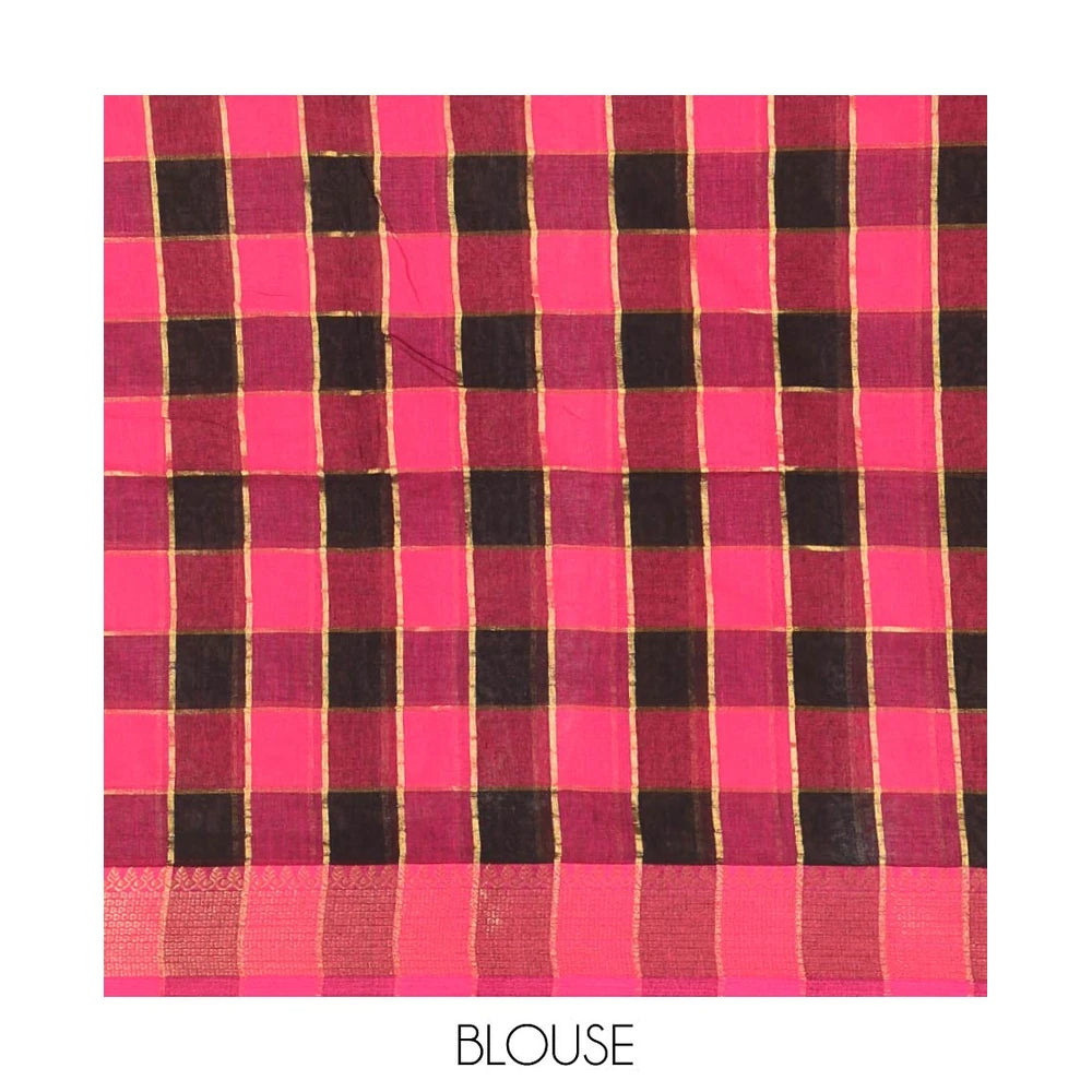 Pothys Pink Checked Khadi Mul Cotton Saree, Highlighted by Zari Traditional Border, Zari Checked Pallu, and Paired with a Matching Blouse