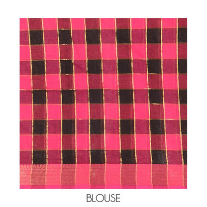 Pothys Pink Checked Khadi Mul Cotton Saree, Highlighted by Zari Traditional Border, Zari Checked Pallu, and Paired with a Matching Blouse