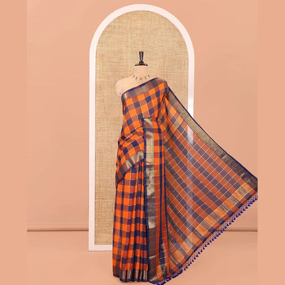 Pothys Rust Checked Khadi Mul Cotton Saree, Highlighted by Zari Traditional Border, Zari Checked Pallu, and Paired with a Matching Blouse