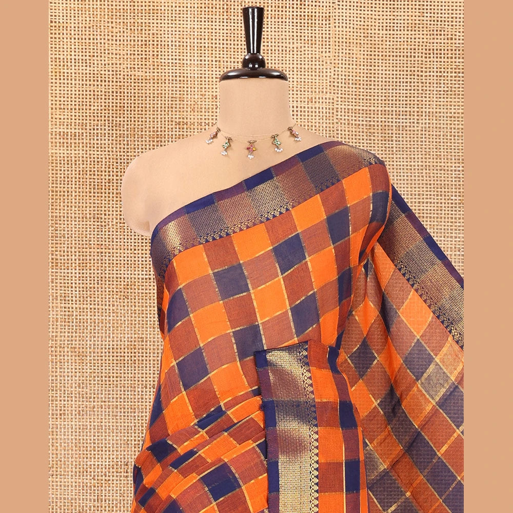 Pothys Rust Checked Khadi Mul Cotton Saree, Highlighted by Zari Traditional Border, Zari Checked Pallu, and Paired with a Matching Blouse