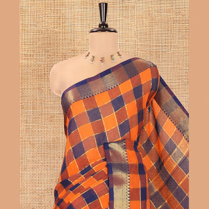 Pothys Rust Checked Khadi Mul Cotton Saree, Highlighted by Zari Traditional Border, Zari Checked Pallu, and Paired with a Matching Blouse
