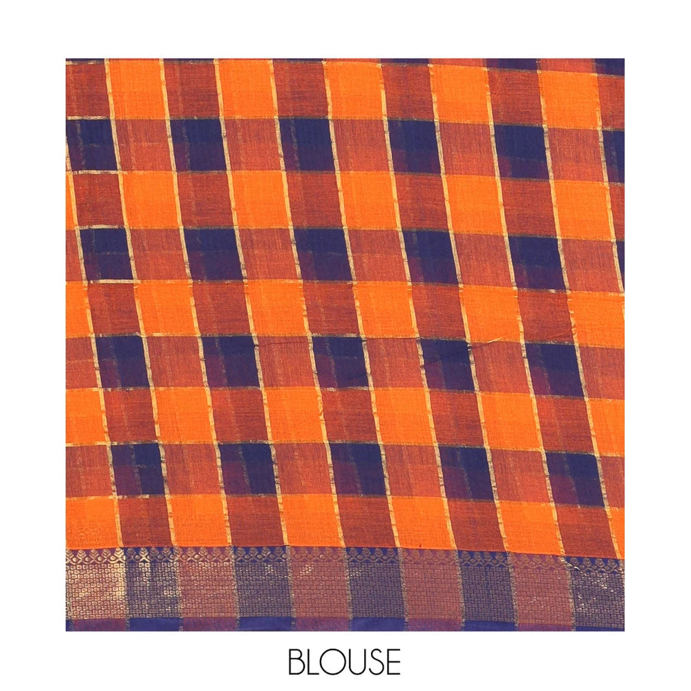 Pothys Rust Checked Khadi Mul Cotton Saree, Highlighted by Zari Traditional Border, Zari Checked Pallu, and Paired with a Matching Blouse