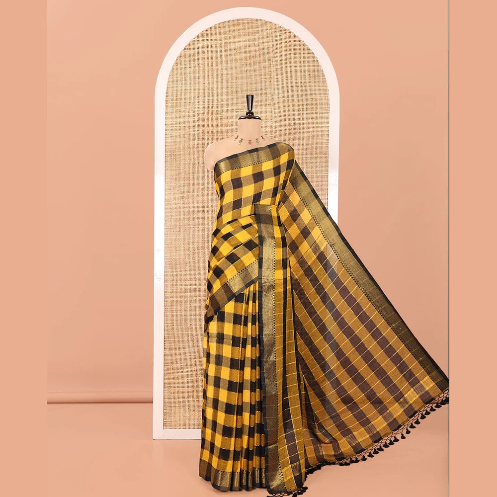 Pothys Yellow Checked Khadi Mul Cotton Saree, Highlighted by Zari Traditional Border, Zari Checked Pallu, and Paired with a Matching Blouse