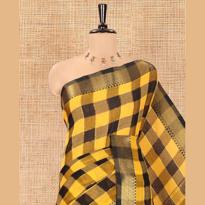 Pothys Yellow Checked Khadi Mul Cotton Saree, Highlighted by Zari Traditional Border, Zari Checked Pallu, and Paired with a Matching Blouse
