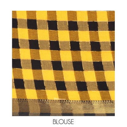 Pothys Yellow Checked Khadi Mul Cotton Saree, Highlighted by Zari Traditional Border, Zari Checked Pallu, and Paired with a Matching Blouse