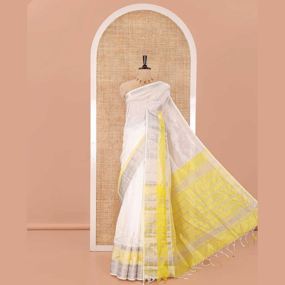 Pothys Off-White Mangalagiri Silk Saree, Sparsely Woven Stripes On Its Body, Complemented by Contrast Border of Temple and Peacock Designs, Striped Pallu and Paired with a Contrast Blouse