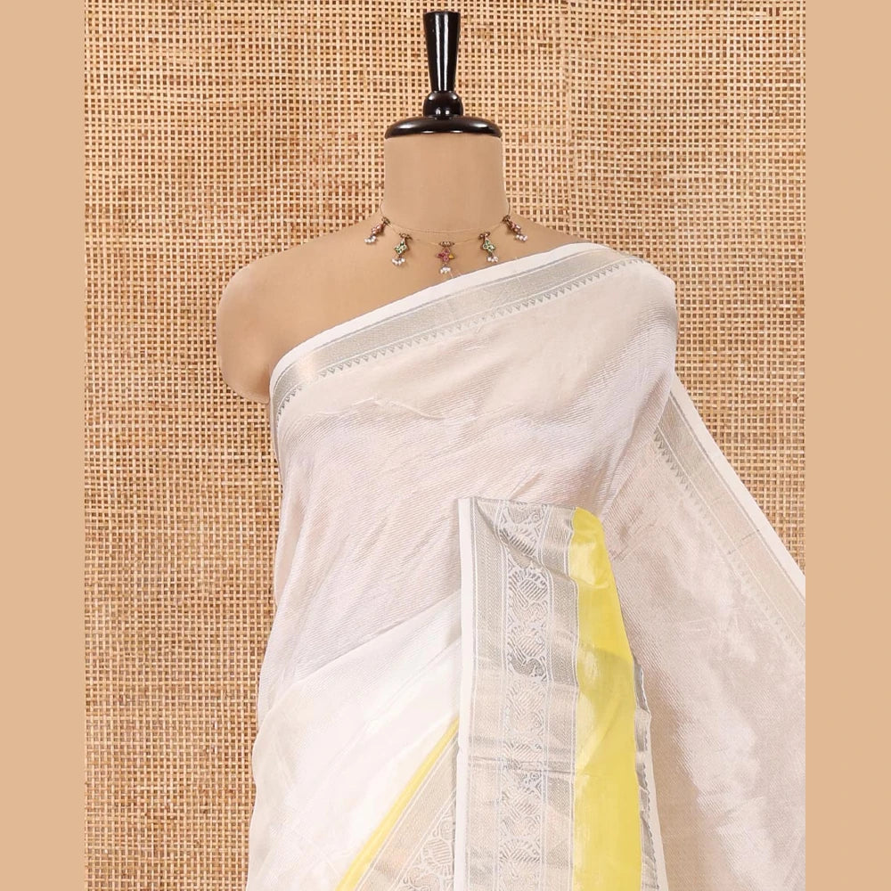 Pothys Off-White Mangalagiri Silk Saree, Sparsely Woven Stripes On Its Body, Complemented by Contrast Border of Temple and Peacock Designs, Striped Pallu and Paired with a Contrast Blouse