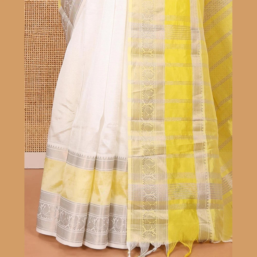 Pothys Off-White Mangalagiri Silk Saree, Sparsely Woven Stripes On Its Body, Complemented by Contrast Border of Temple and Peacock Designs, Striped Pallu and Paired with a Contrast Blouse