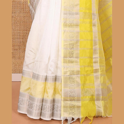Pothys Off-White Mangalagiri Silk Saree, Sparsely Woven Stripes On Its Body, Complemented by Contrast Border of Temple and Peacock Designs, Striped Pallu and Paired with a Contrast Blouse