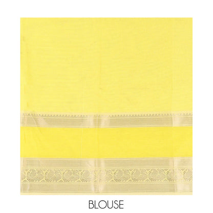 Pothys Off-White Mangalagiri Silk Saree, Sparsely Woven Stripes On Its Body, Complemented by Contrast Border of Temple and Peacock Designs, Striped Pallu and Paired with a Contrast Blouse