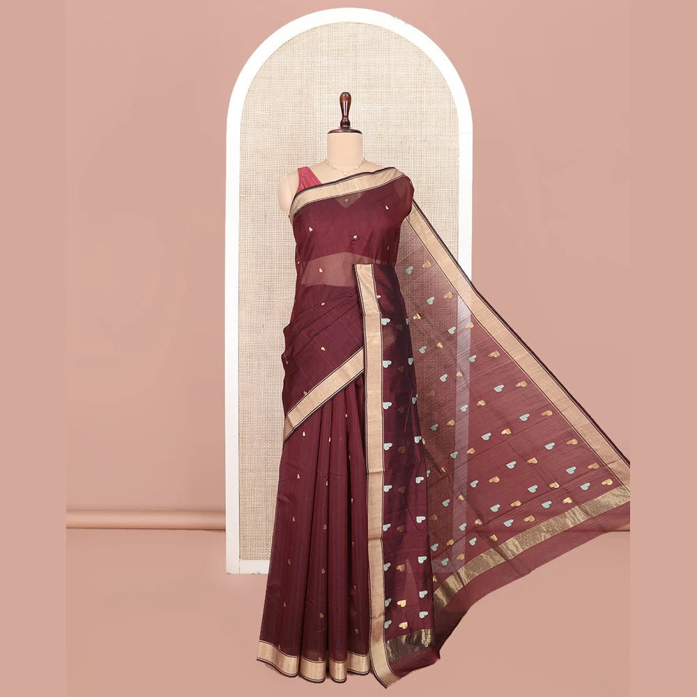 Pothys Maroon Chanderi Cotton Saree, Adorned with Heart Buttas All Over Its Body, Highlighted by a Self-Border, Pallu Steeped with Heart Motifs, and Paired with a Matching Blouse