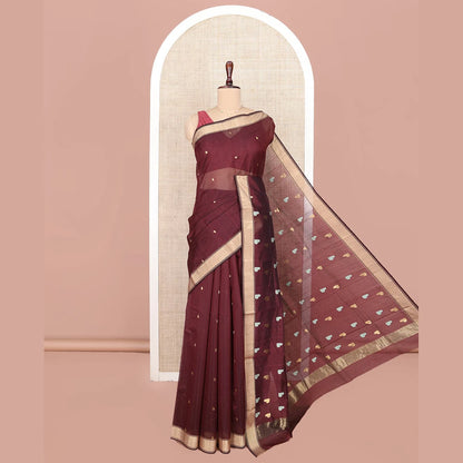 Pothys Maroon Chanderi Cotton Saree, Adorned with Heart Buttas All Over Its Body, Highlighted by a Self-Border, Pallu Steeped with Heart Motifs, and Paired with a Matching Blouse