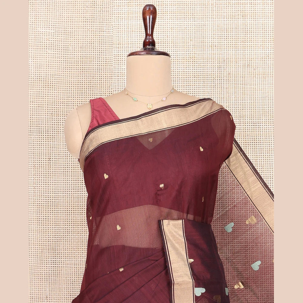 Pothys Maroon Chanderi Cotton Saree, Adorned with Heart Buttas All Over Its Body, Highlighted by a Self-Border, Pallu Steeped with Heart Motifs, and Paired with a Matching Blouse