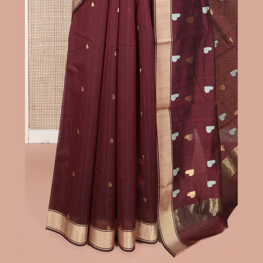 Pothys Maroon Chanderi Cotton Saree, Adorned with Heart Buttas All Over Its Body, Highlighted by a Self-Border, Pallu Steeped with Heart Motifs, and Paired with a Matching Blouse