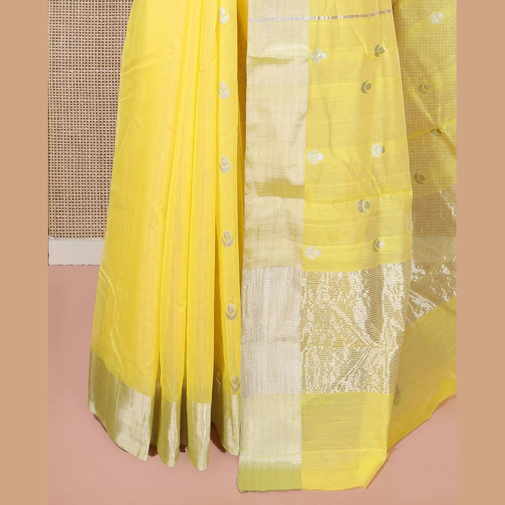 Pothys Yellow Chanderi Cotton Saree, Sparkled with Buttas All Over Its Body, Highlighted by a Zari Border, Pallu Steeped with Zari Designs, and Paired with a Matching Blouse