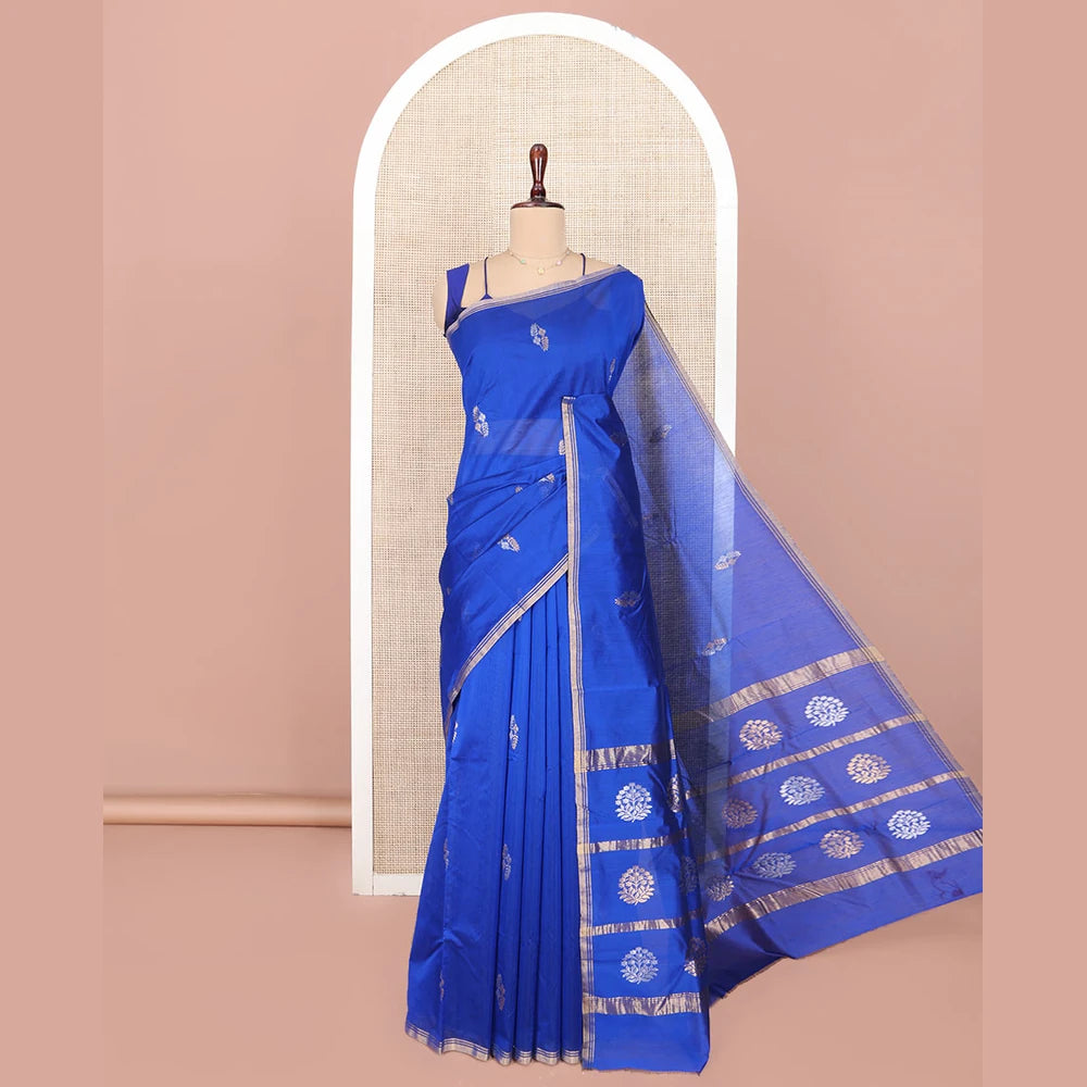 Pothys Royal Blue Chanderi Cotton Saree, Elevated with Buttas All Over Its Body, Highlighted by a Zari Piping Border, Pallu Steeped with Zari Designs, and Paired with a Matching Blouse
