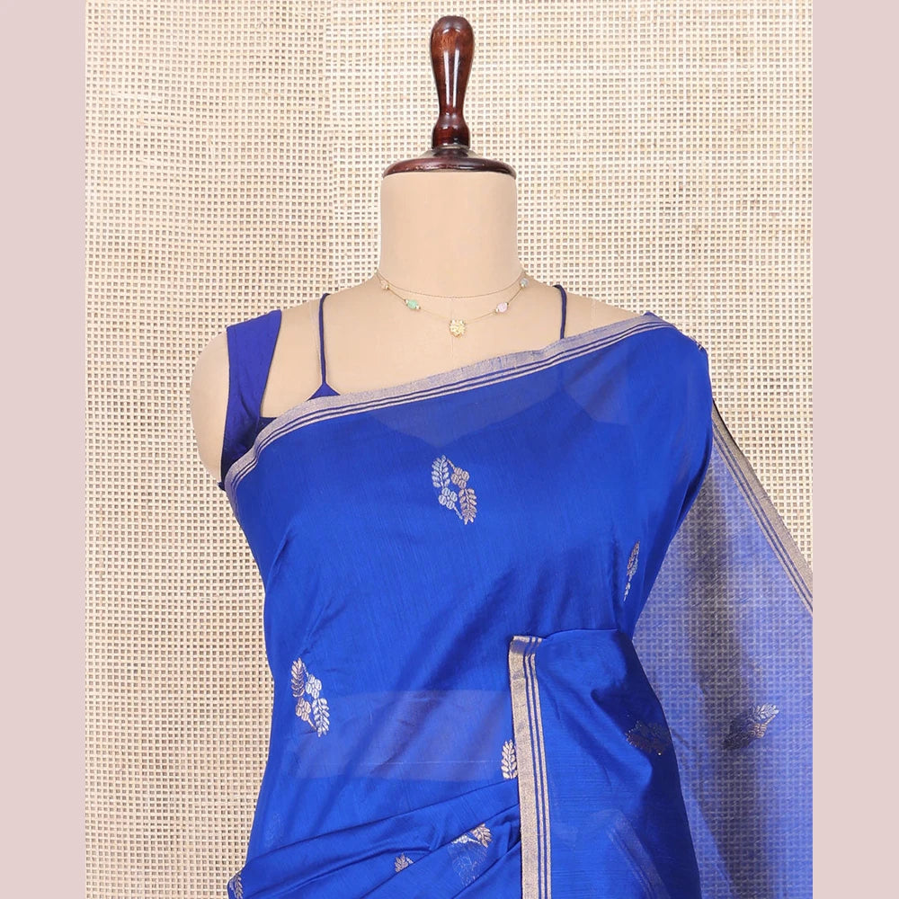 Pothys Royal Blue Chanderi Cotton Saree, Elevated with Buttas All Over Its Body, Highlighted by a Zari Piping Border, Pallu Steeped with Zari Designs, and Paired with a Matching Blouse