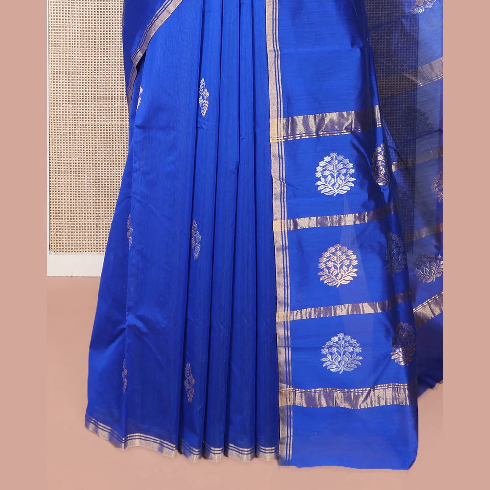 Pothys Royal Blue Chanderi Cotton Saree, Elevated with Buttas All Over Its Body, Highlighted by a Zari Piping Border, Pallu Steeped with Zari Designs, and Paired with a Matching Blouse