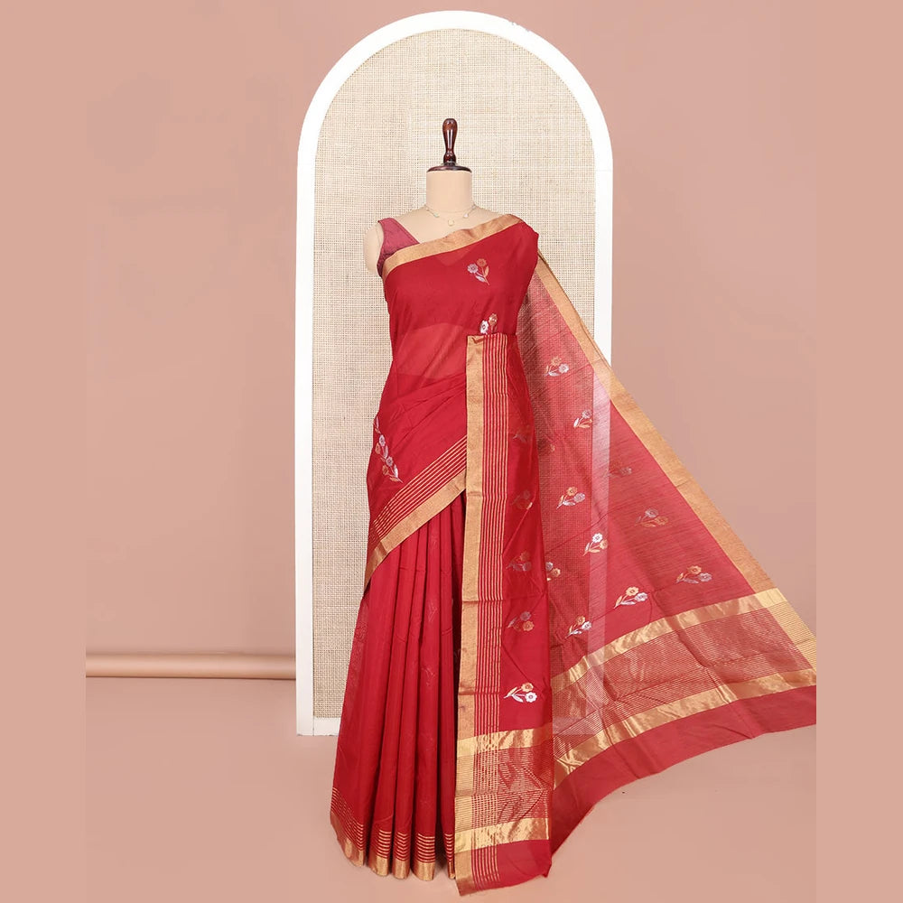 Pothys Red Chanderi Cotton Saree, Beautified with Floral Buttas All Over Its Body, Highlighted by a Zari Border, Pallu Steeped with Zari Stripes, and Paired with a Matching Blouse