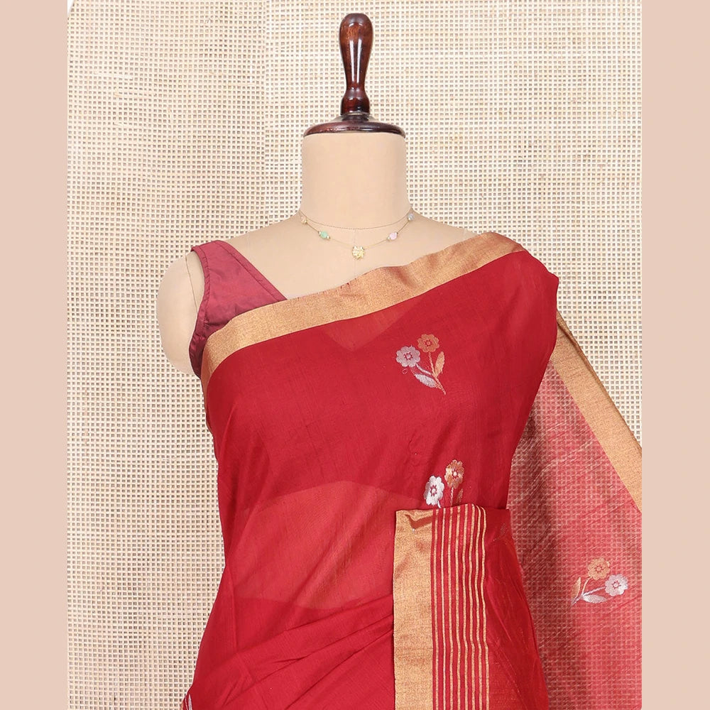 Pothys Red Chanderi Cotton Saree, Beautified with Floral Buttas All Over Its Body, Highlighted by a Zari Border, Pallu Steeped with Zari Stripes, and Paired with a Matching Blouse