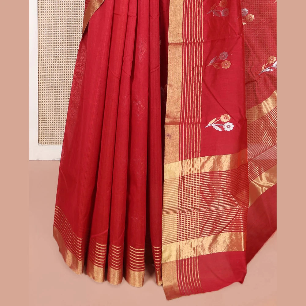 Pothys Red Chanderi Cotton Saree, Beautified with Floral Buttas All Over Its Body, Highlighted by a Zari Border, Pallu Steeped with Zari Stripes, and Paired with a Matching Blouse