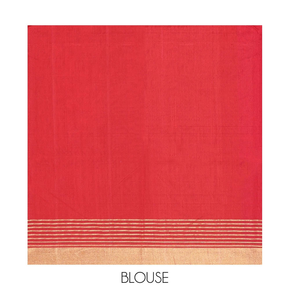 Pothys Red Chanderi Cotton Saree, Beautified with Floral Buttas All Over Its Body, Highlighted by a Zari Border, Pallu Steeped with Zari Stripes, and Paired with a Matching Blouse