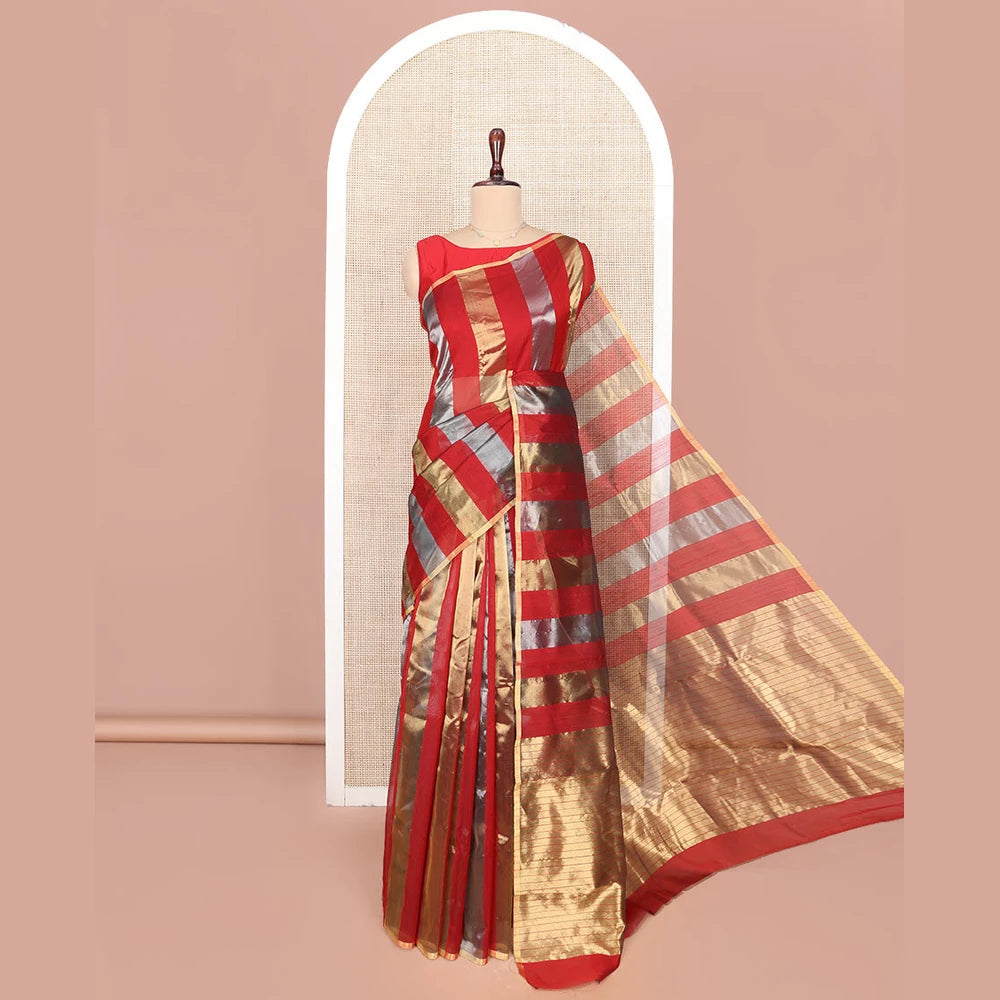Pothys Borderless Red Chanderi Cotton Saree, Gleaming with Zari Stripes All Over Its Body, Highlighted by Pallu Steeped with Zari Stripes, and Paired with a Matching Blouse