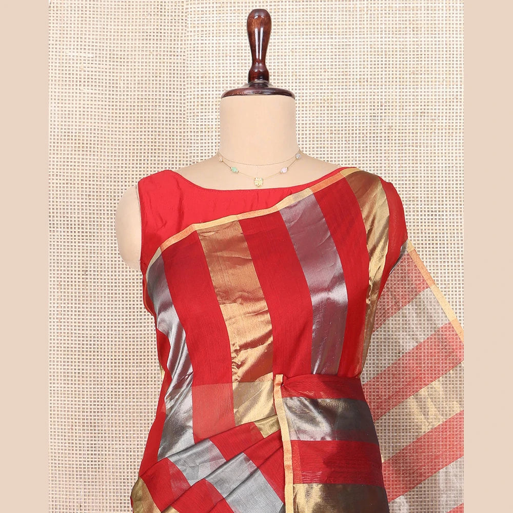 Pothys Borderless Red Chanderi Cotton Saree, Gleaming with Zari Stripes All Over Its Body, Highlighted by Pallu Steeped with Zari Stripes, and Paired with a Matching Blouse