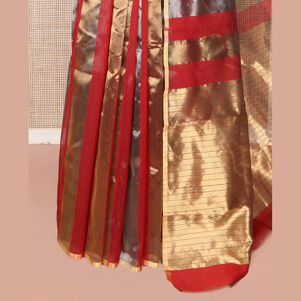 Pothys Borderless Red Chanderi Cotton Saree, Gleaming with Zari Stripes All Over Its Body, Highlighted by Pallu Steeped with Zari Stripes, and Paired with a Matching Blouse