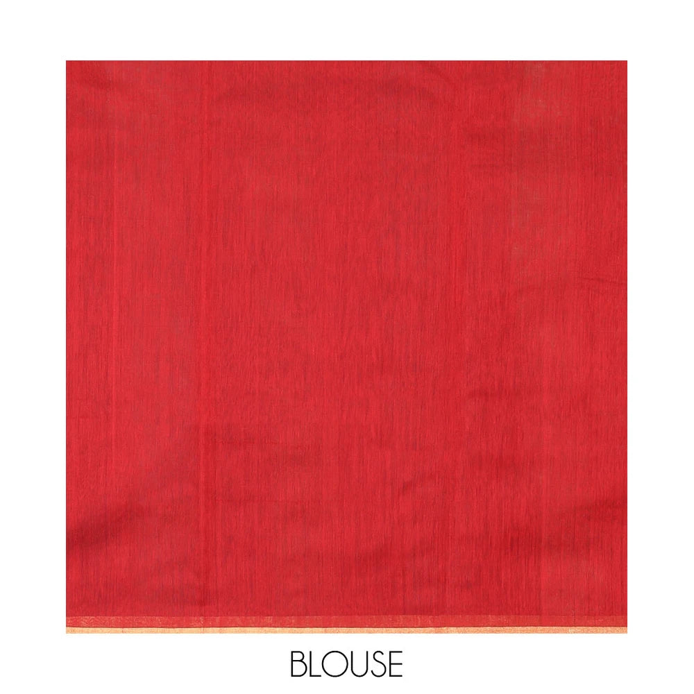 Pothys Borderless Red Chanderi Cotton Saree, Gleaming with Zari Stripes All Over Its Body, Highlighted by Pallu Steeped with Zari Stripes, and Paired with a Matching Blouse