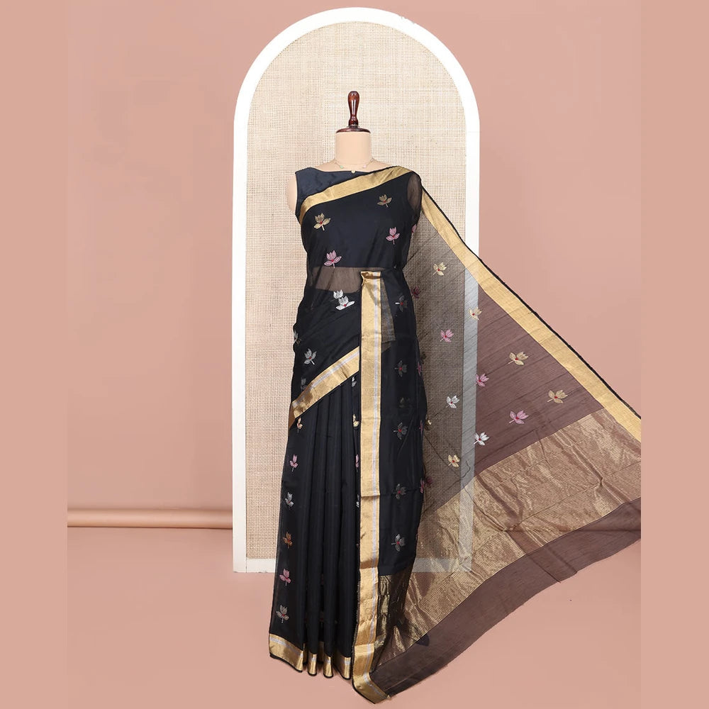 Pothys Black Chanderi Cotton Saree, Embellished with Floral Buttas All Over Its Body, Highlighted by Zari Border, Pallu Steeped with Zari Stripes, and Paired with a Matching Blouse