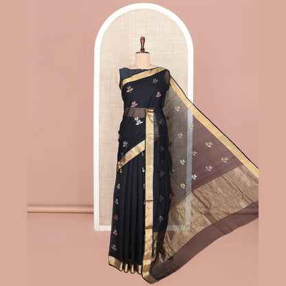 Pothys Black Chanderi Cotton Saree, Embellished with Floral Buttas All Over Its Body, Highlighted by Zari Border, Pallu Steeped with Zari Stripes, and Paired with a Matching Blouse