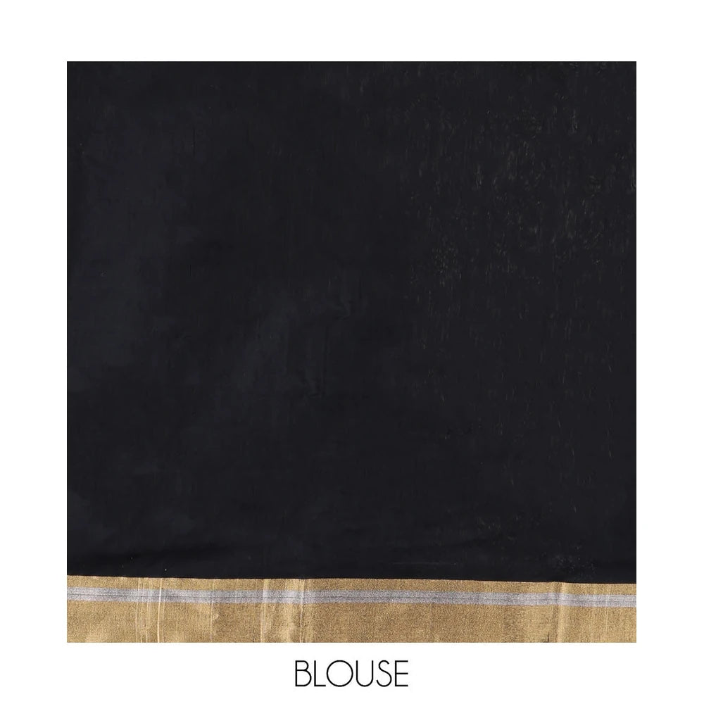 Pothys Black Chanderi Cotton Saree, Embellished with Floral Buttas All Over Its Body, Highlighted by Zari Border, Pallu Steeped with Zari Stripes, and Paired with a Matching Blouse