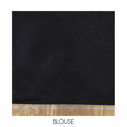 Pothys Black Chanderi Cotton Saree, Embellished with Floral Buttas All Over Its Body, Highlighted by Zari Border, Pallu Steeped with Zari Stripes, and Paired with a Matching Blouse
