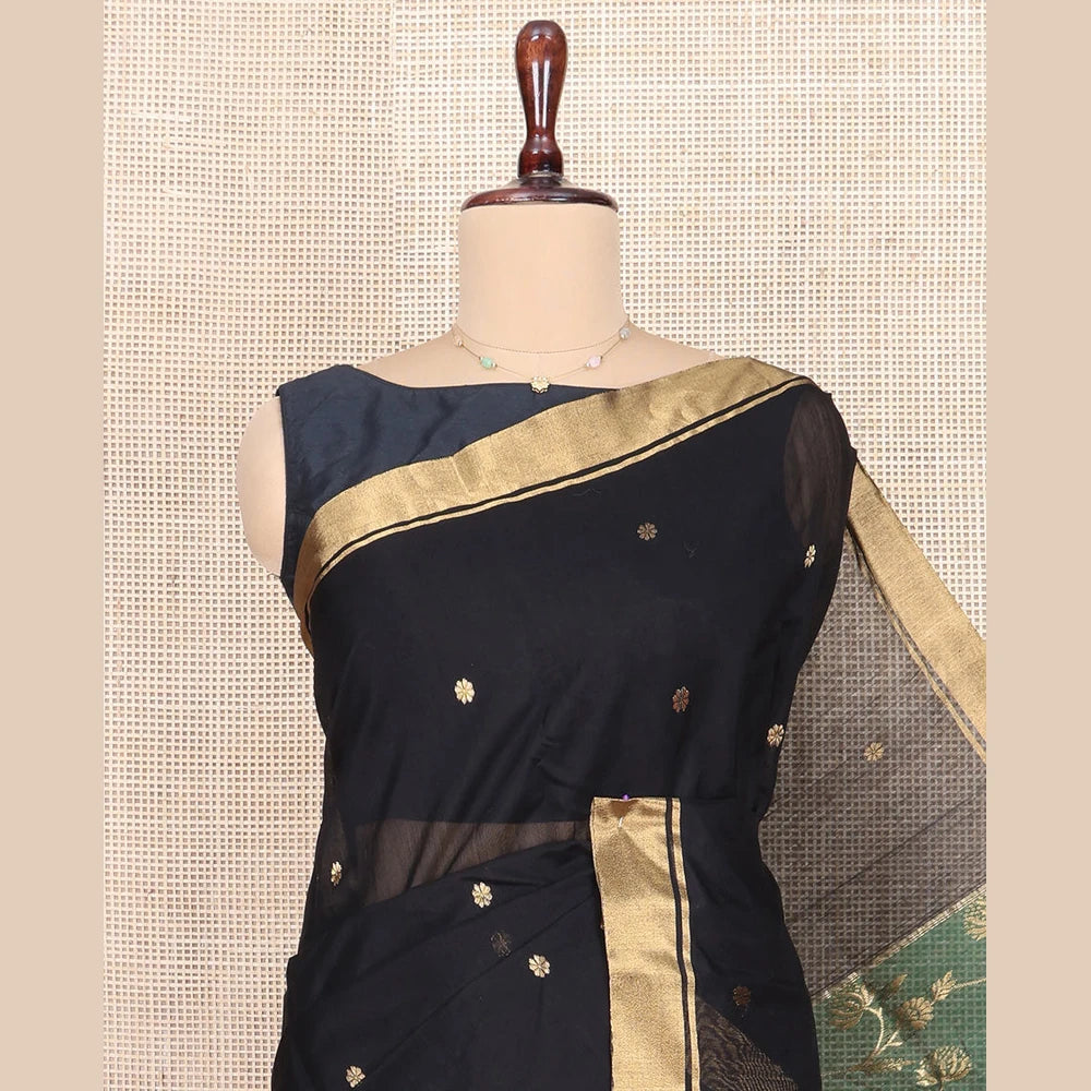 Pothys Black Chanderi Cotton Saree with Floral Buttas & Zari Border