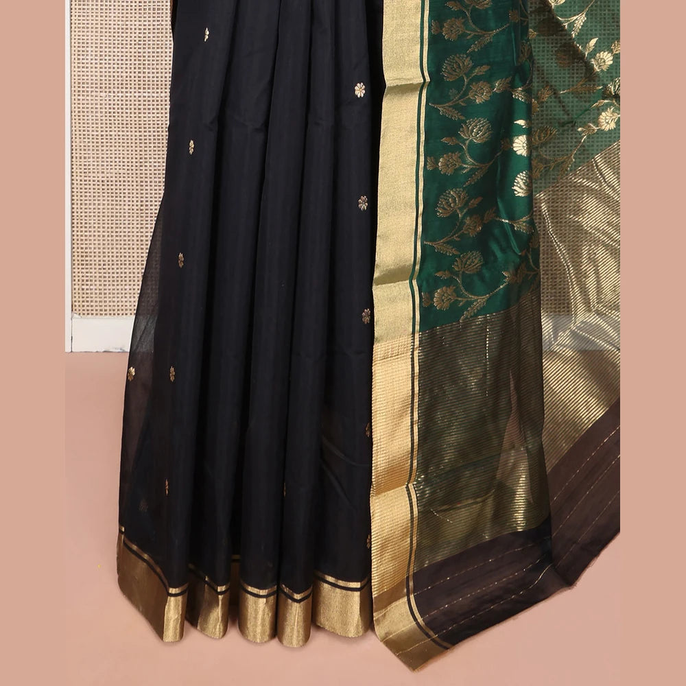 Pothys Black Chanderi Cotton Saree with Floral Buttas & Zari Border