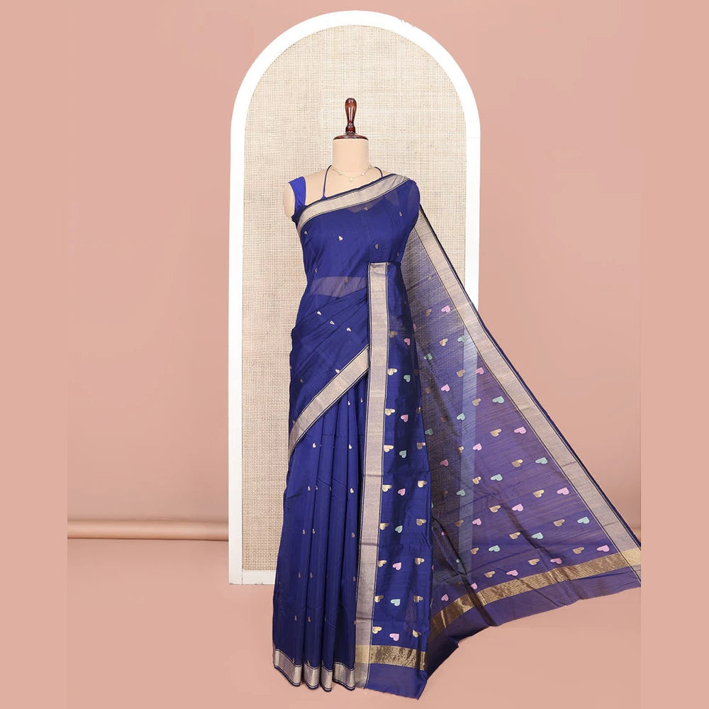 Pothys Blue Chanderi Cotton Saree, Adorned with Heart Buttas All Over Its Body, Highlighted by a Self-Border, Pallu Steeped with Heart Motifs, and Paired with a Matching Blouse